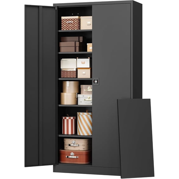 Metal Garage Storage Cabinet with Lock, 71" Locking Tool Cabinet with 2 Doors and 5 Adjustable Shelves, Tall Steel Cabinet Garage for Home,Office,Warehouse,School (Black)