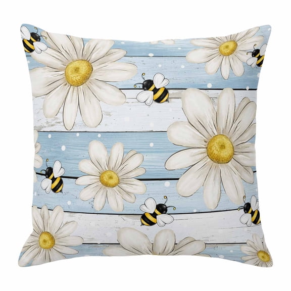Throw Pillow Covers, White Daisy Farmhouse 16x16 Pillow Covers for Couch/Sofa/Bed, Garden Floral Bees Blue Wooden Decorative Square Linen Cushion Pillowcase for Home Decor
