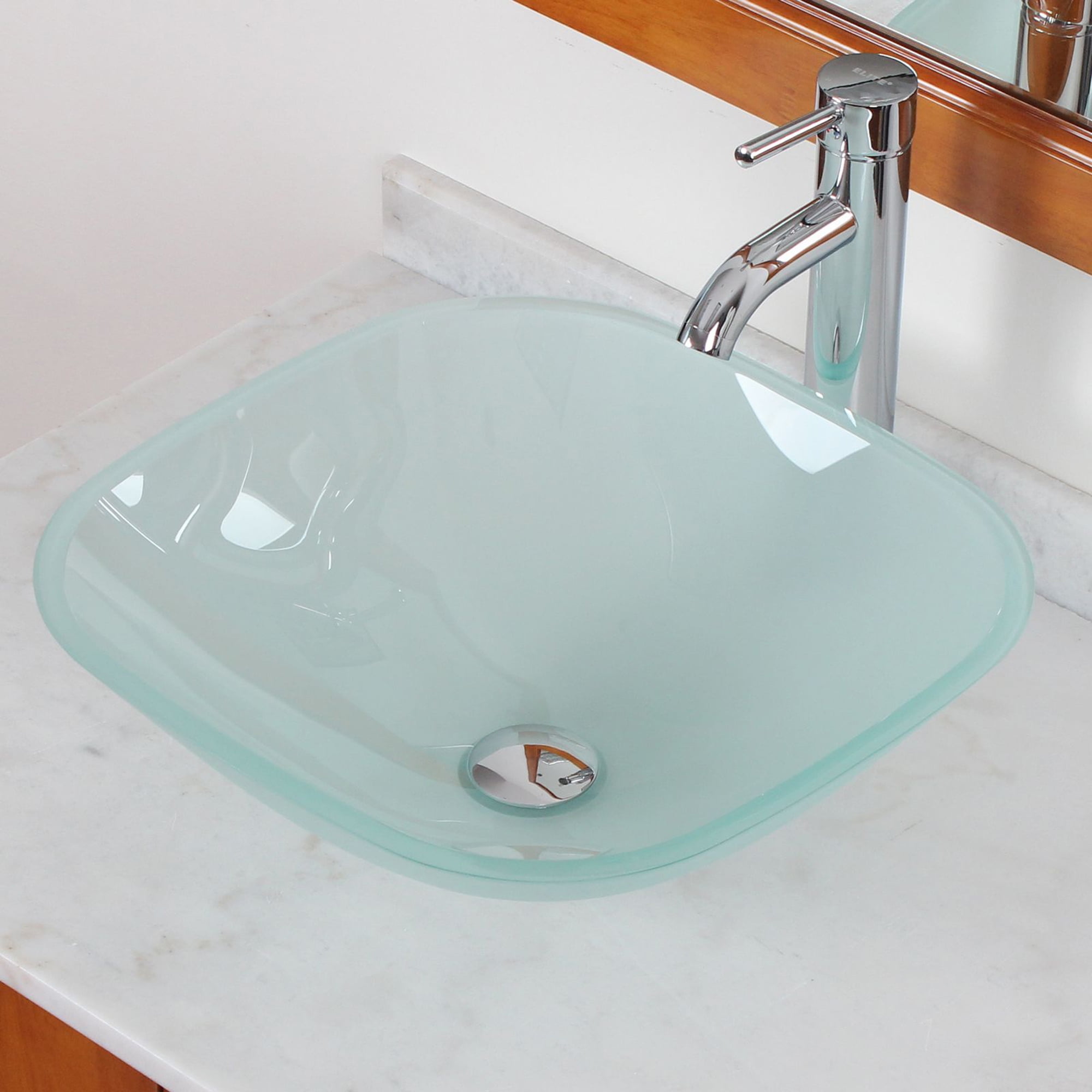 Elite Frosted Square Glass Bathroom Vessel Sink Bowl with Chrome Popup Drain and Mounting Ring