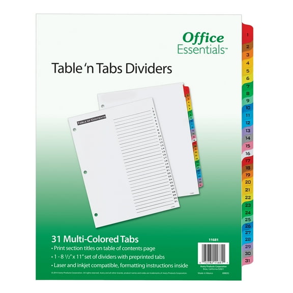 Office Essentials Table & Tabs Dividers, Multicolor Tabs, 1-31 Tab, 1 Set (11681)