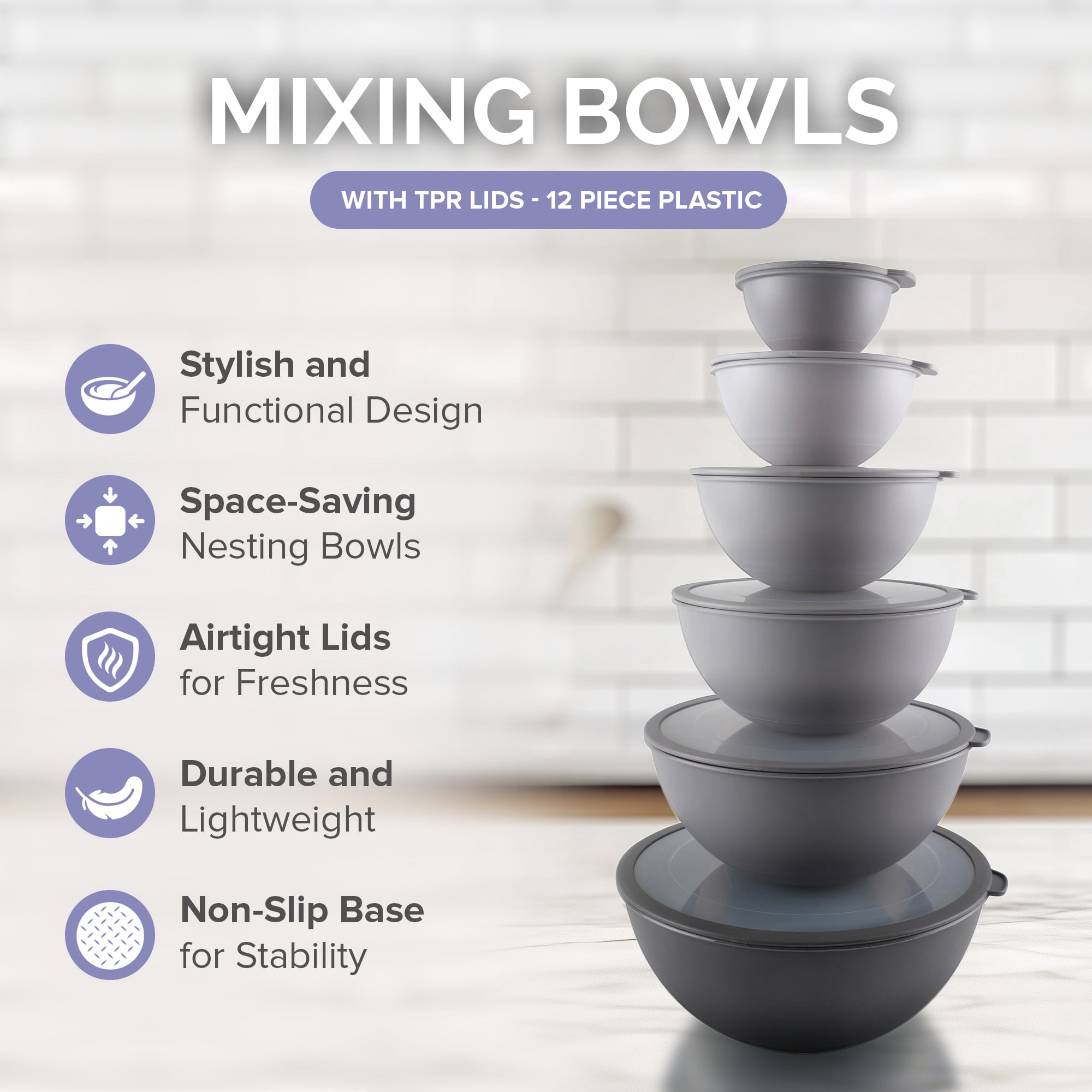 Cook with Color 12-Piece Mixing Bowl Set with Non-Slip Silicone Base and Transparent Lids, Gray