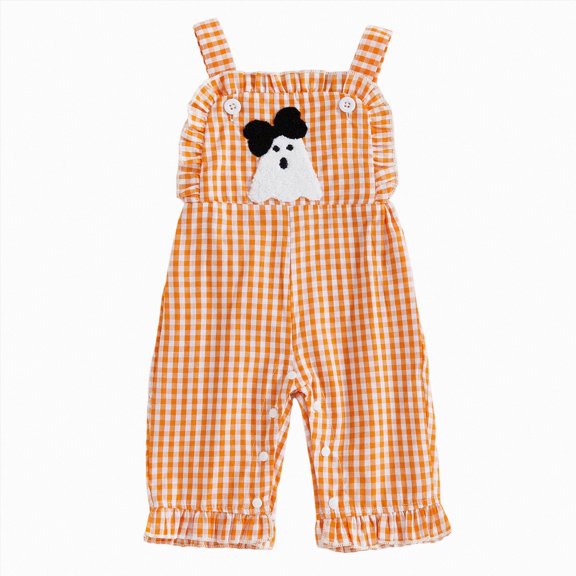 KPOPLK Baby Boys Girls Halloween Bib Overalls Plaid Jumpsuit Ruffle Trim Snap Romper for Infant Fall Wear,Size 0-3 Months