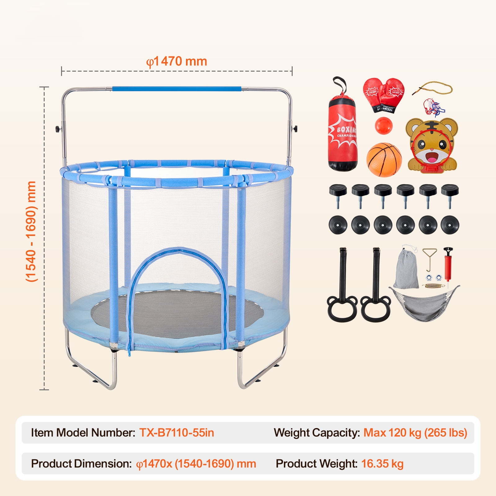 KFFKFF 55" Child's Trampoline, 4.6FT for Indoor and Outdoor Use, Petite Trampoline for Toddlers with Protective Mesh and Basketball Ring, Ideal Birthday and Christmas Presents for Kids Aged 3