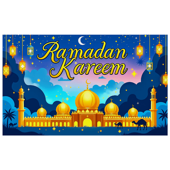 Ramadan Themed Decorative Backdrop Banner with Mosque Lanterns and Stars for Ramadan Kareem Celebrations Party Decorations Background Photo Booth Props