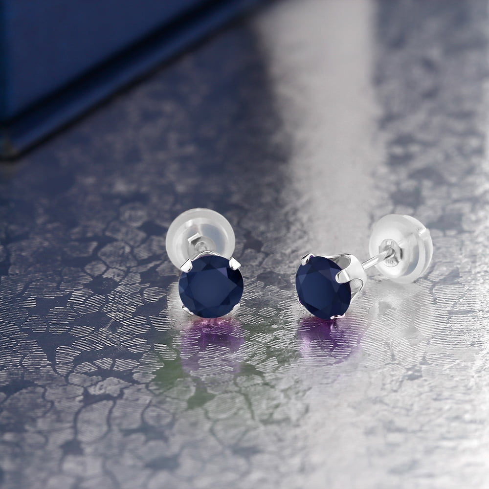 Gem Stone King 10K White Gold Blue Sapphire Stud Earrings for Women Men | 0.72 Cttw | Gemstone Birthstone | Round 4MM