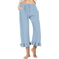 thumbnail image 2 of RPVATI Women's Comfortable Linen Pants Summer High Waisted Ruffle Cropped Wide Leg Capri Pants Casual Stretch Drawstring Vacation Beach Palazzo Pants Baggy Trousers with Pockets Light Blue M, 2 of 8