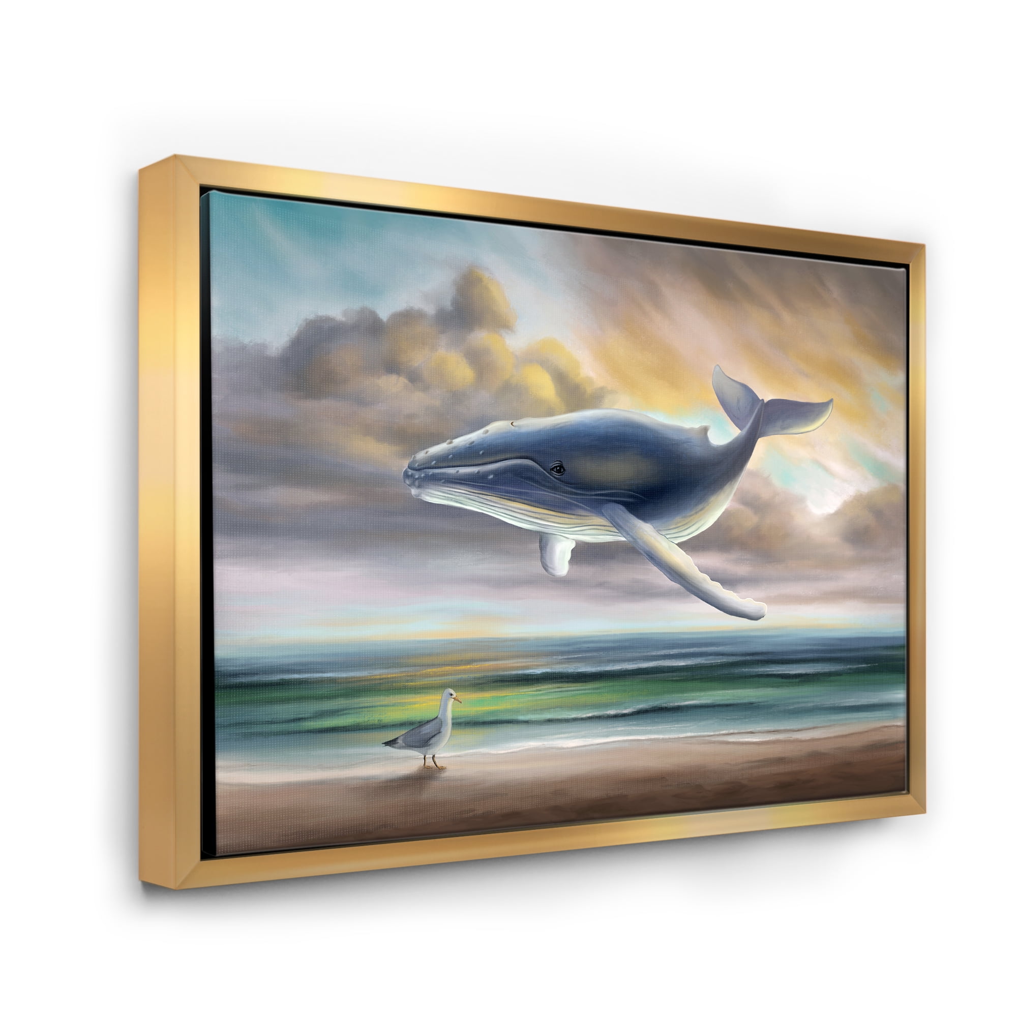 Designart 'Whale Floating In The Sky Over Beach' Children's Art Framed Canvas Wall Art Print