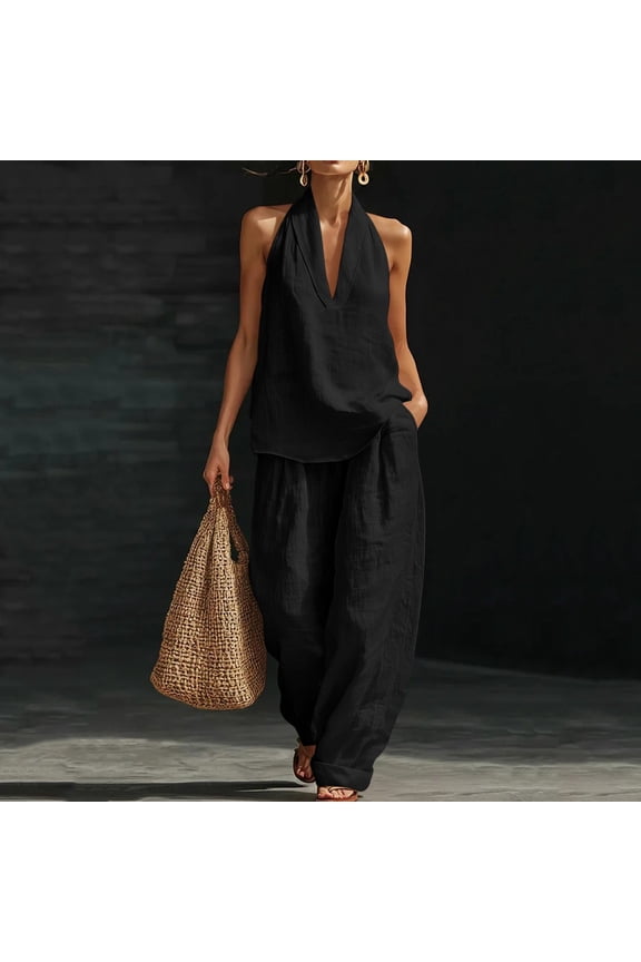 Women's Two Piece Linen Set for Women Sleeveless Top with Elastic Waist Pocket Pants Casual Outfit for Summer Daily Gift