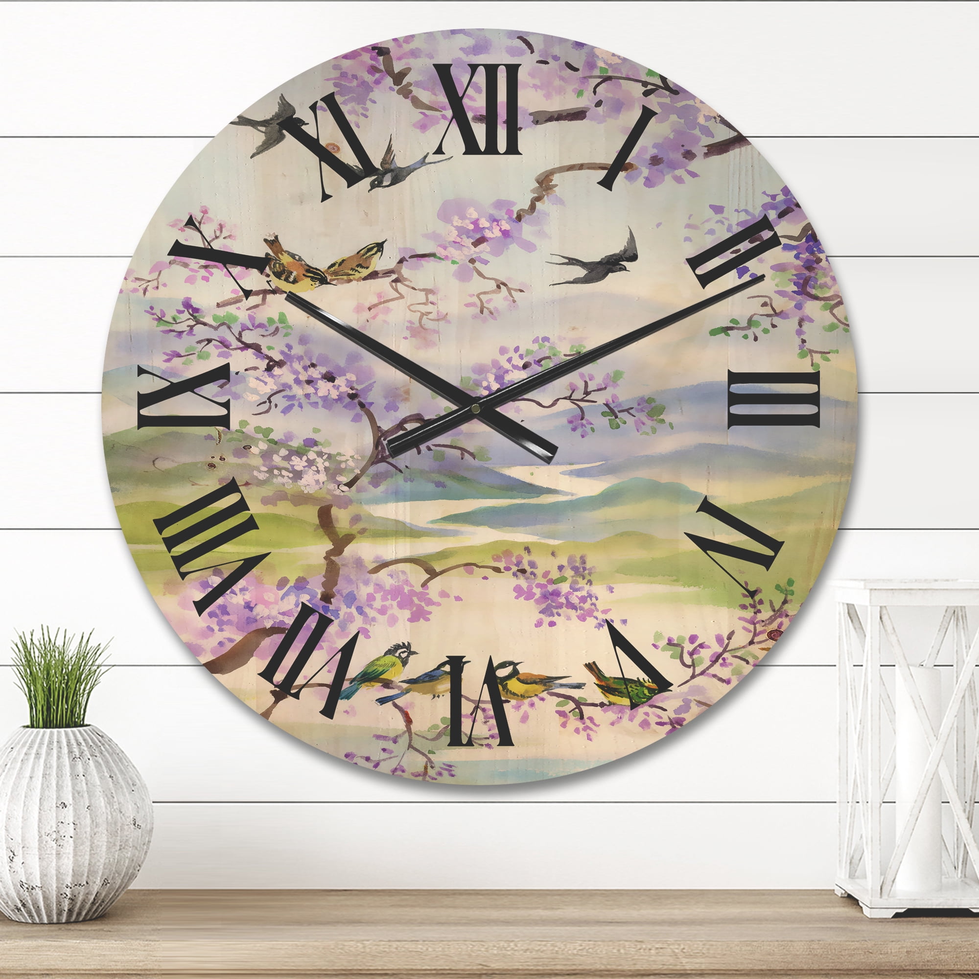 Designart 'Birds Sitting On Cherry Branch' Traditional Wood Wall Clock