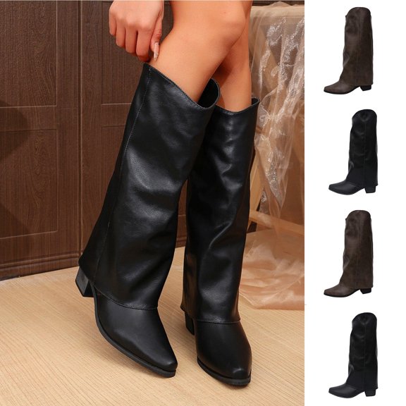 Leather Knee High Boots for Women Fold Over Chunky High Heel Pull on Pointed Toe Tall Long Dress Going Out Boot for Women Khaki 9.5(43)