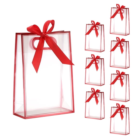 8Pcs Clear Gift Bags with Handle, 7x10x3.15" Favor Bags(Red, Red Ribbon)