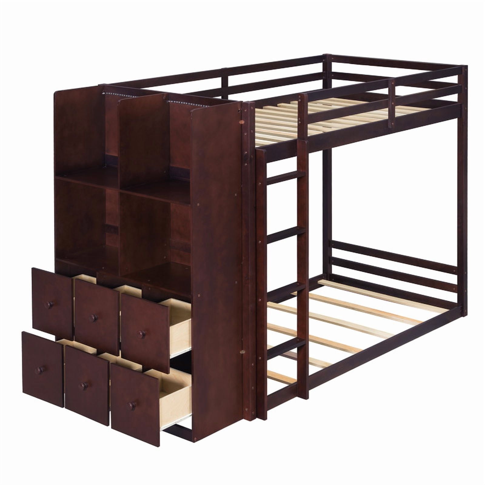 Twin Over Twin Bunk Bed with 6 Storage Drawers, 2-Tier Shelves & LED Light Strip, Reversible Wooden Bunk Bed Frame, Space-Saving Kids Bedroom Furniture