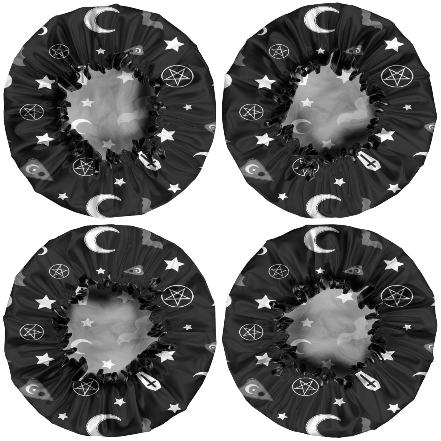 Shower Caps,Black Halloween Occult Patterns Waterproof Shower Cap for Women 4 Pieces,Double Reusable Hair Cover for Shower PEVA Elastic Stretch Hem