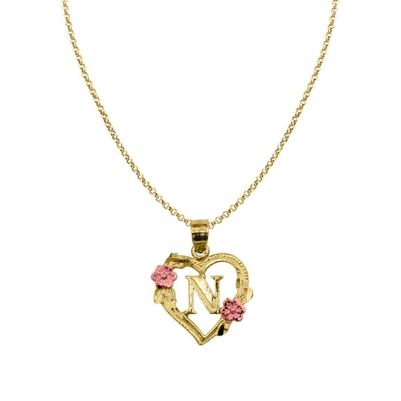 Genuine 14k Two-tone Gold 0.66" Floral Heart Initial N Pendant Necklace 16", 18", 20", 22" Trendy Charm Initial Necklaces for Women