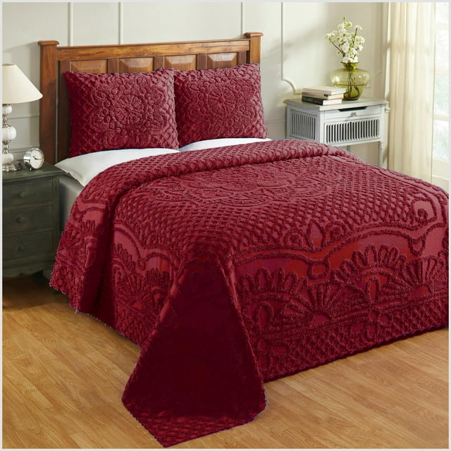 Better Trends Colcha de chenilla tamaño matrimonial/doble, color rojo intenso, 100% algodón, diseño de medallón de chenilla, colcha de cama capitoné, suave, ligera, 96 x 110 pulgadas, con 2 fundas, ju