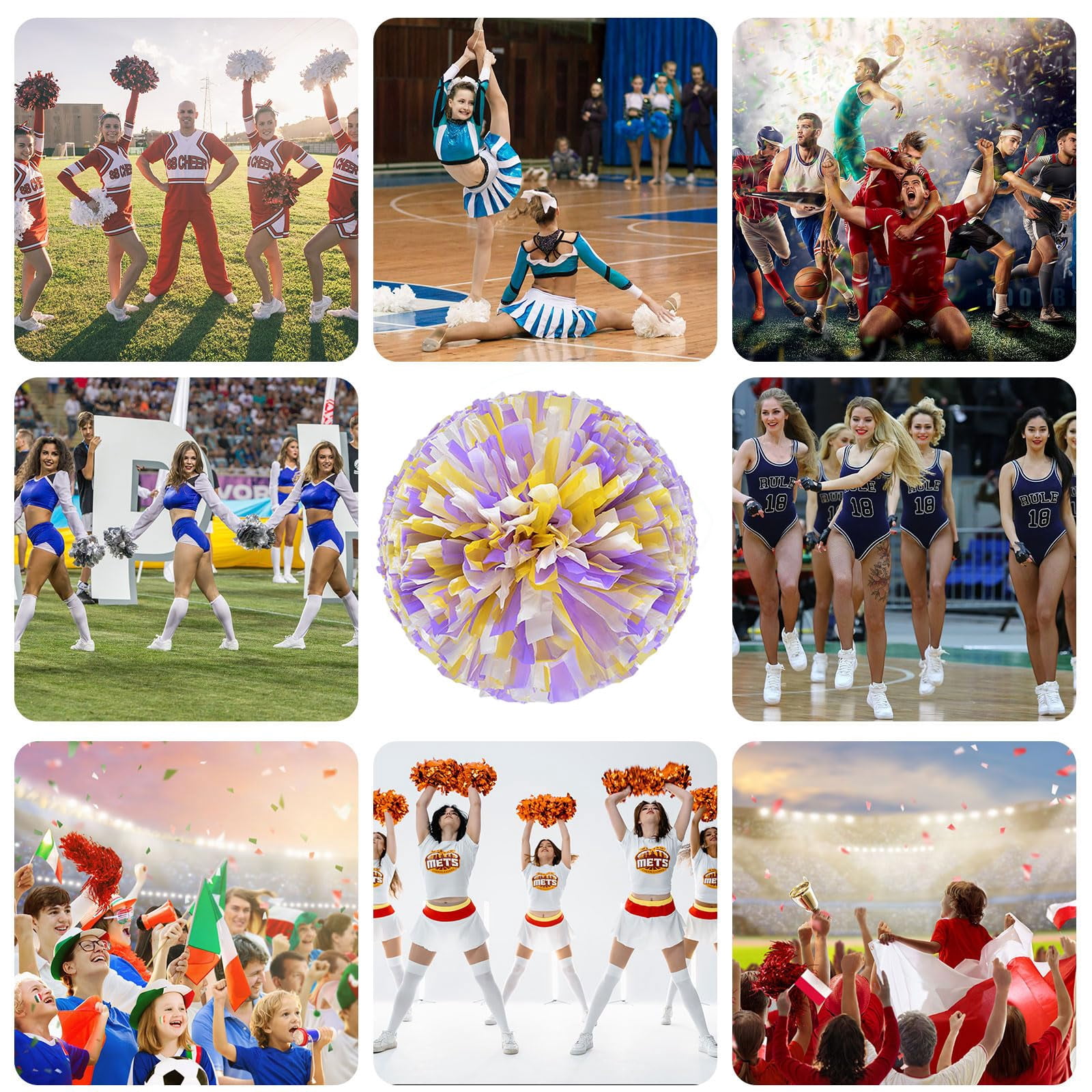 Pom Poms Cheer 12 Pieces, Cheerleading Pompoms Handheld Squad Set for Sports Team, Party, Festival, Adults Kids, Easy Fluff Design