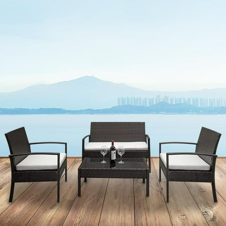 Rattan Garden Chairs And Table UBesGoo 4PCS Patio Rattan Wicker Chair Sofa Table Set Outdoor Garden Furniture Cushioned ()