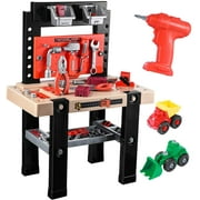 ToyHub Kids Tool Bench; 91 Pieces Toy Workbench with Electric Drill; Construction Toy Vehicles; and Storage Space; Toddler Tool Bench with Tools