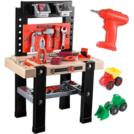 ToyHub Kids Tool Bench; 91 Pieces Toy Workbench with Electric Drill; Construction Toy Vehicles; and Storage Space; Toddler Tool Bench with Tools