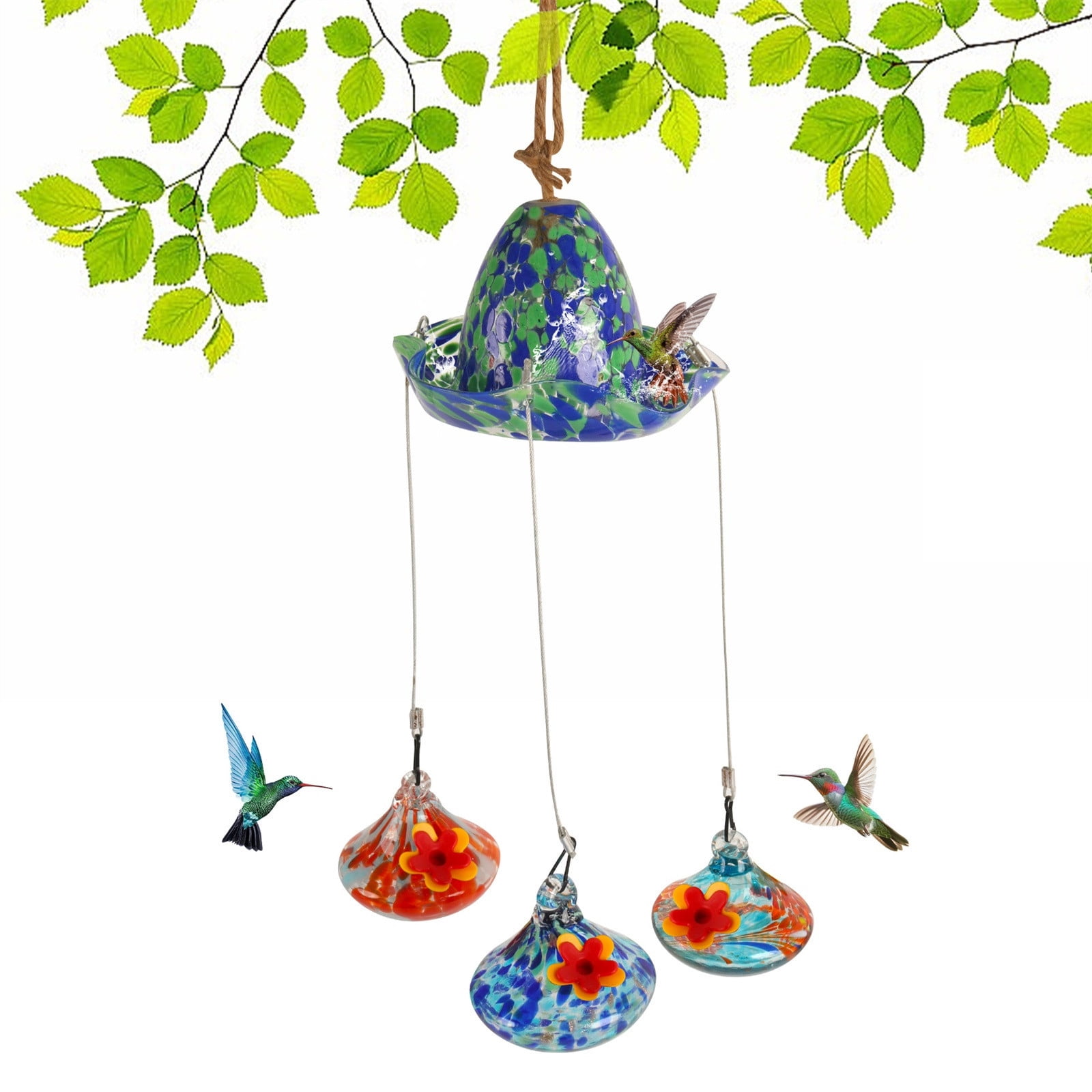 Kugisaki Hanging Bird Bath with 3 Pack Glass Hanging Hummingbird Feeders for Outdoors Glass Humming Bird Feeders Garden Decor for Outside