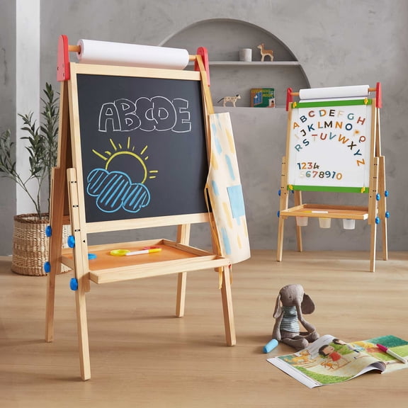 Tiny Land Kids Art Easel with Apron, Wooden Easel with Paper Rolls, Chalkboard & Magnetic Whiteboard for Ages 3-8