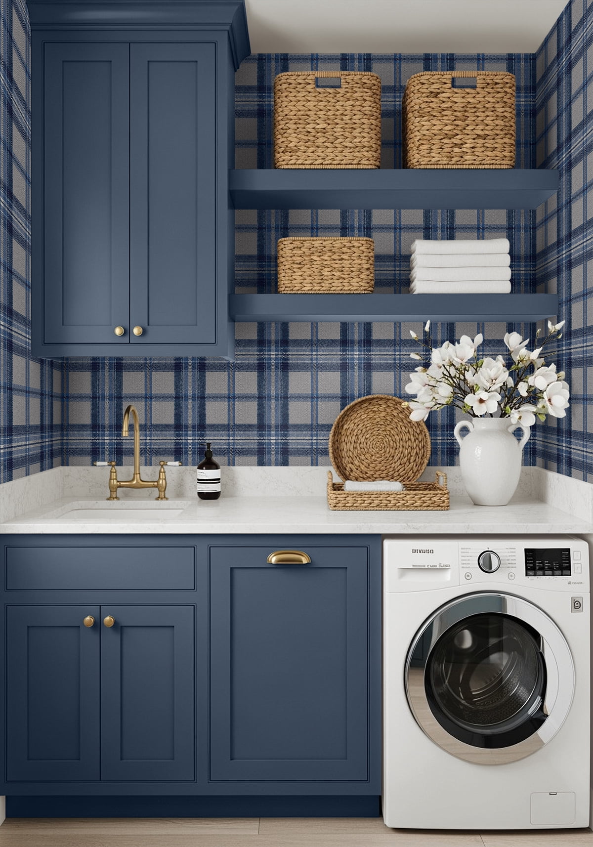 Harry & Grace Blue Smoke Herringbone Plaid Premium Matte Non-Woven Peel and Stick Wallpaper - 20.5 in. W x 18 ft. L Roll