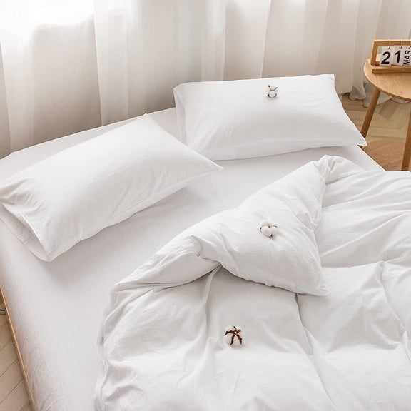 Bedding Duvet Cover Set 3 Pieces 100% Washed Cotton Duvet Cover Linen Like Textured Breathable Durable Soft Comfy (Queen, White)