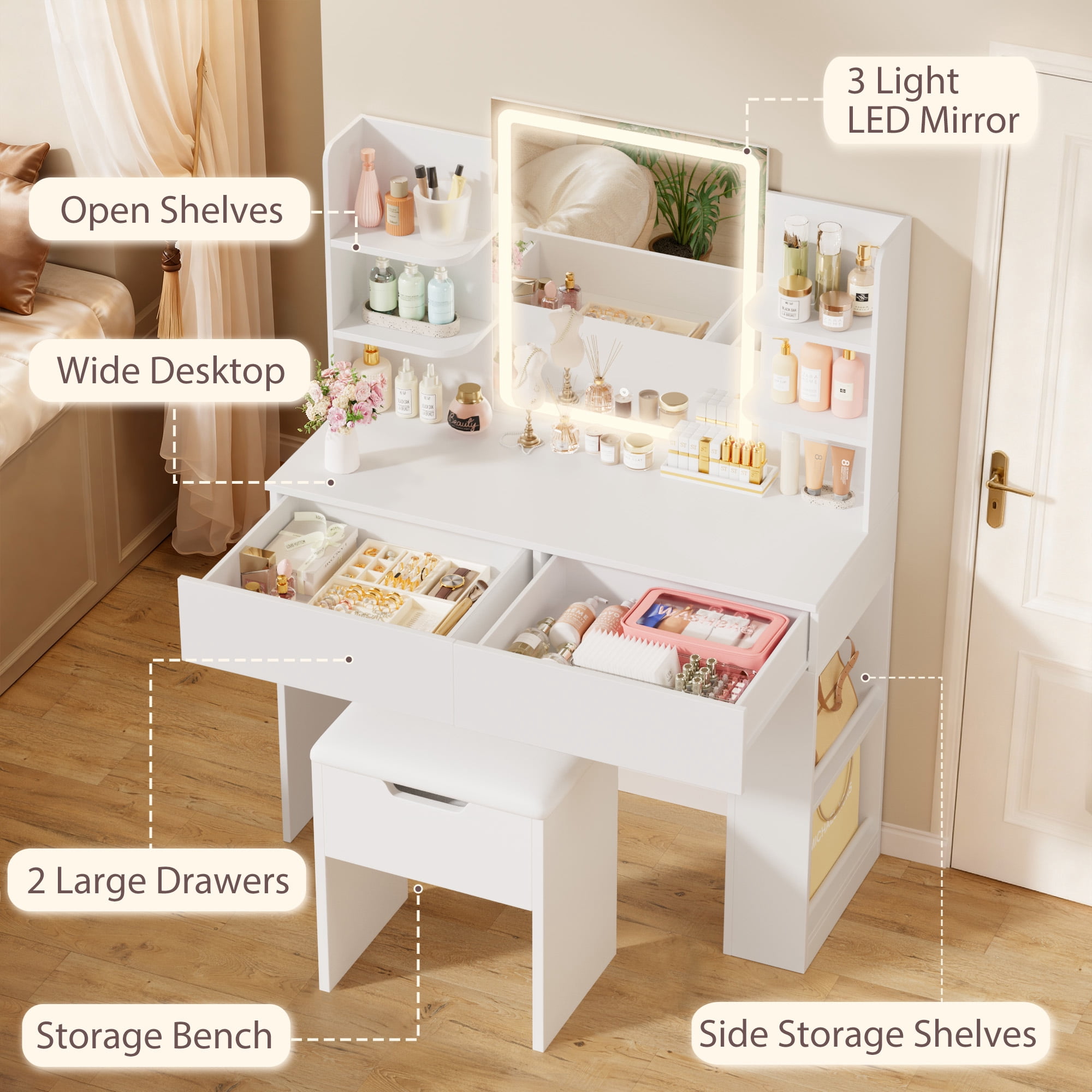 Homall Vanity Desk Set with 3 Colors LED Lighted Mirror, Makeup Vanity with Stool, Storage Shelves and Drawers, Vanity Table Dressing Table for Bedroom, White
