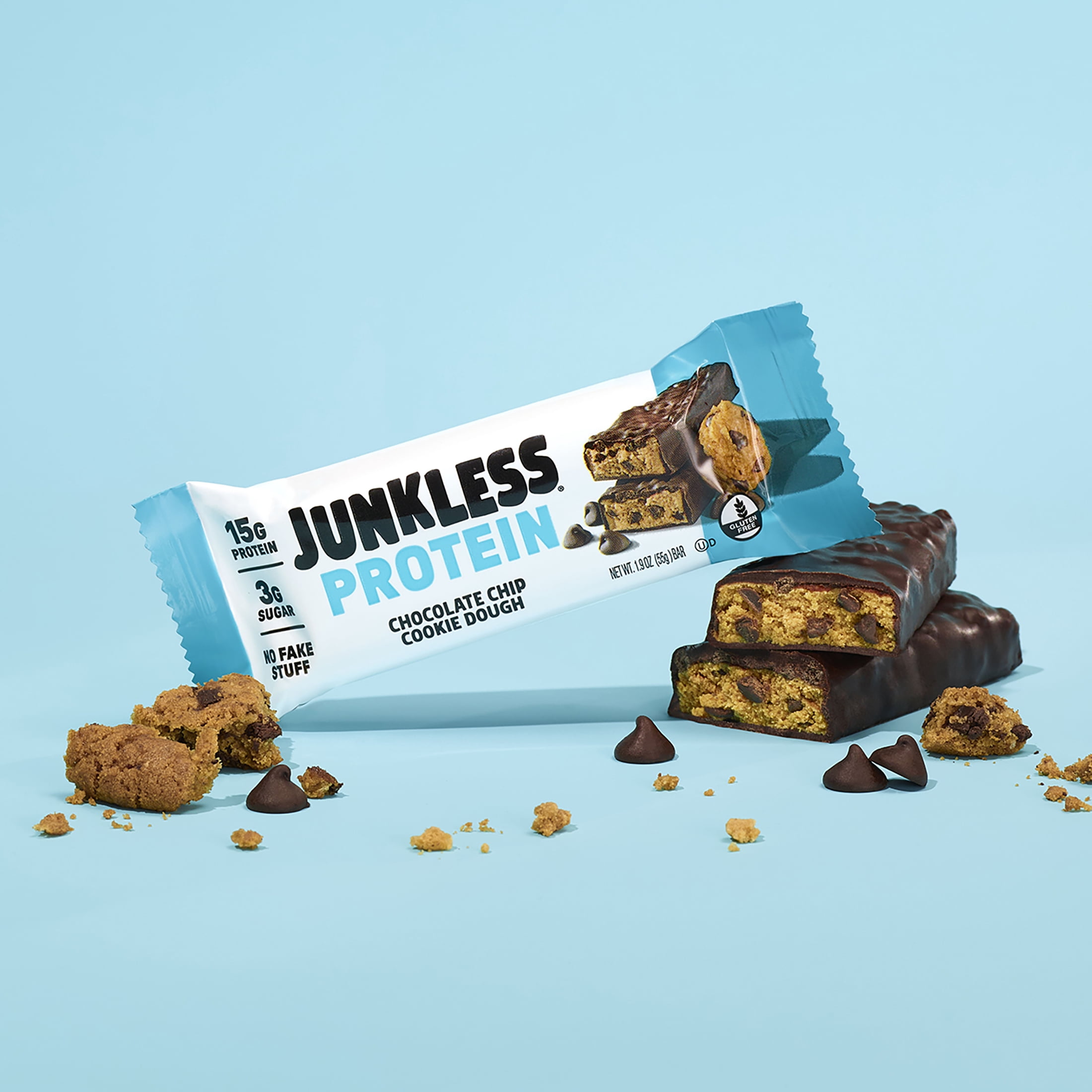 JUNKLESS Chocolate Chip Cookie Dough Protein Bar, 15 g Protein, High Fiber, Gluten Free, 1.9 oz, 4 Count