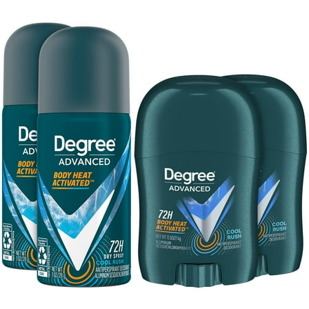 Degree Men’s Travel Deodorant Antiperspirant Bundle – Advanced Protection Mini Sticks and Dry Sprays, Cool Rush Scent (4 Piece Set)