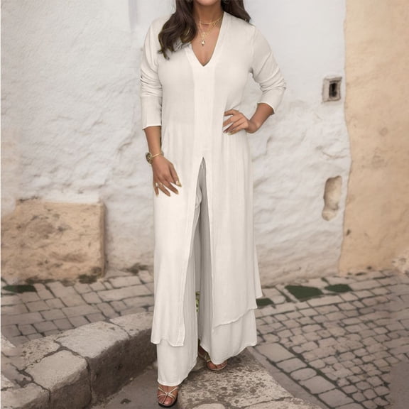 Riforla Women's Casual Plus Size V Neck Long Sleeved Chiffon Shirt Beach Suit Slit Long Top   Trousers Suit Blouse Bottom Pants Sets for Women White XXXXXL