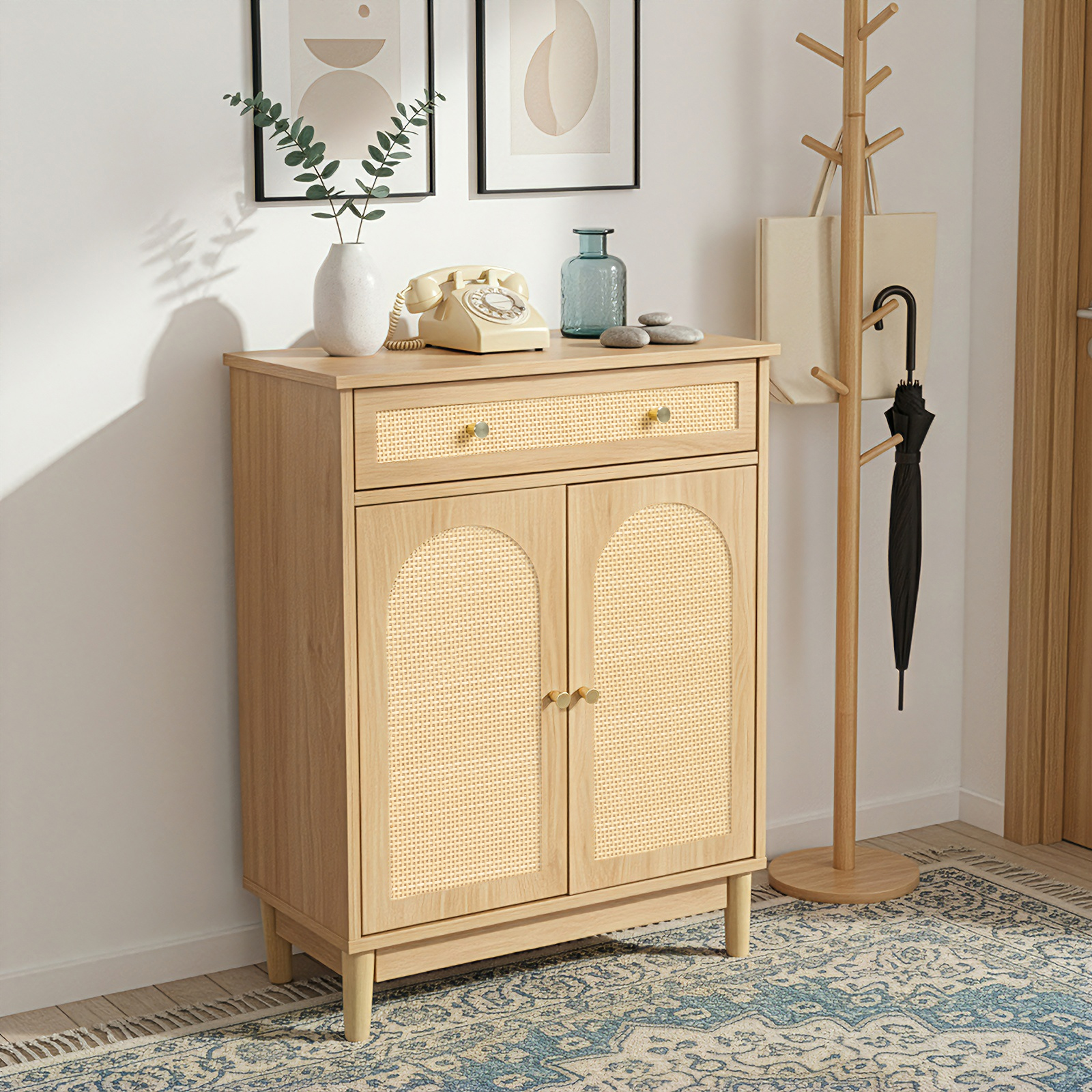 Ktaxon Bathroom Floor Cabinet, Freestanding Storage Cupboard w/ Drawer and 2 Doors, Rattan