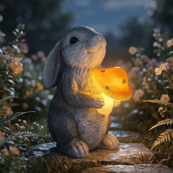 Rabbit Solar Garden Statue LED Mushroom Light Outdoor Resin Decor