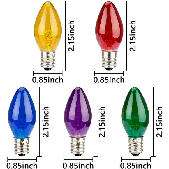 TRHOO-25 Pack 5W 120 Volt E12 Socket C7 Multicolor Christmas Replacement Bulbs, C7 Outdoor Indoor String Light Replacement Bulbs