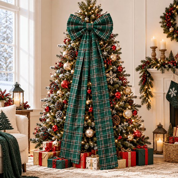 63 Inch Large Christmas Tree Topper Bow, 16 x 63 in Oversized Plaid Christmas Bow with Long Tails for Tree, Wreath, Door, Mantel & Holiday Decor