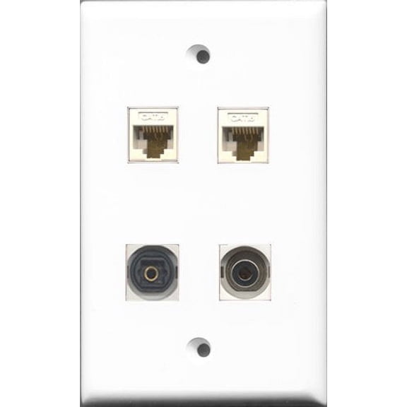 RiteAV 1 Port Toslink and 1 Port 3.5mm 2 Port Cat6 Ethernet White Wall Plate