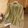 thumbnail image 2 of Lovskoo Cotton Linen Shirts for Women Button Down 3/4 Sleeve Round Neck Printed Loose Shirt Summer Tops Green, 2 of 9