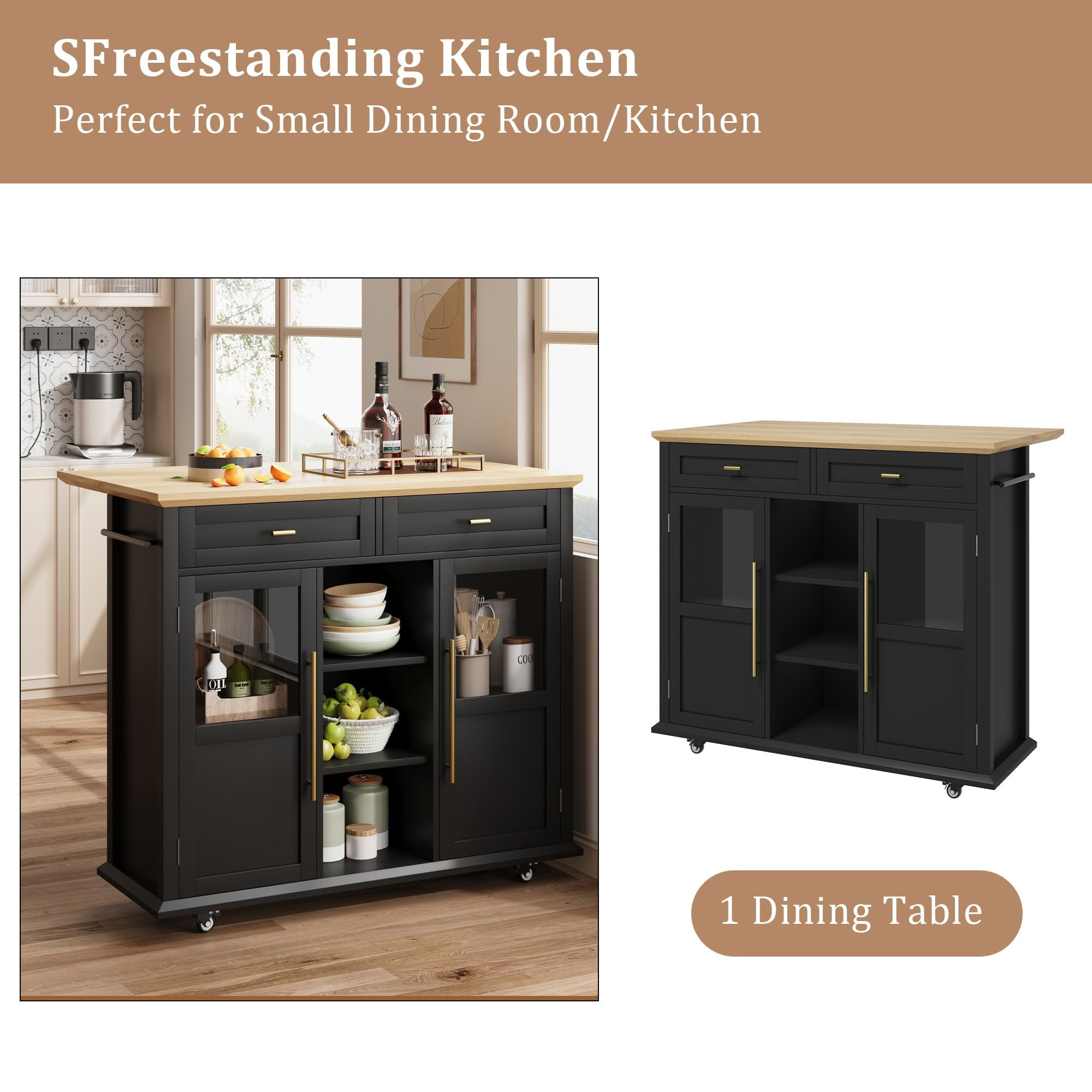 Kselythan Foldable Kitchen Island On Wheels,Rolling Kitchen Island Cart with 2 Glass Doors,Spice Rack & Towel Holder,Kitchen Island Table with Storage Cabinet,Compact Mobile Storage Cart for Kitchen