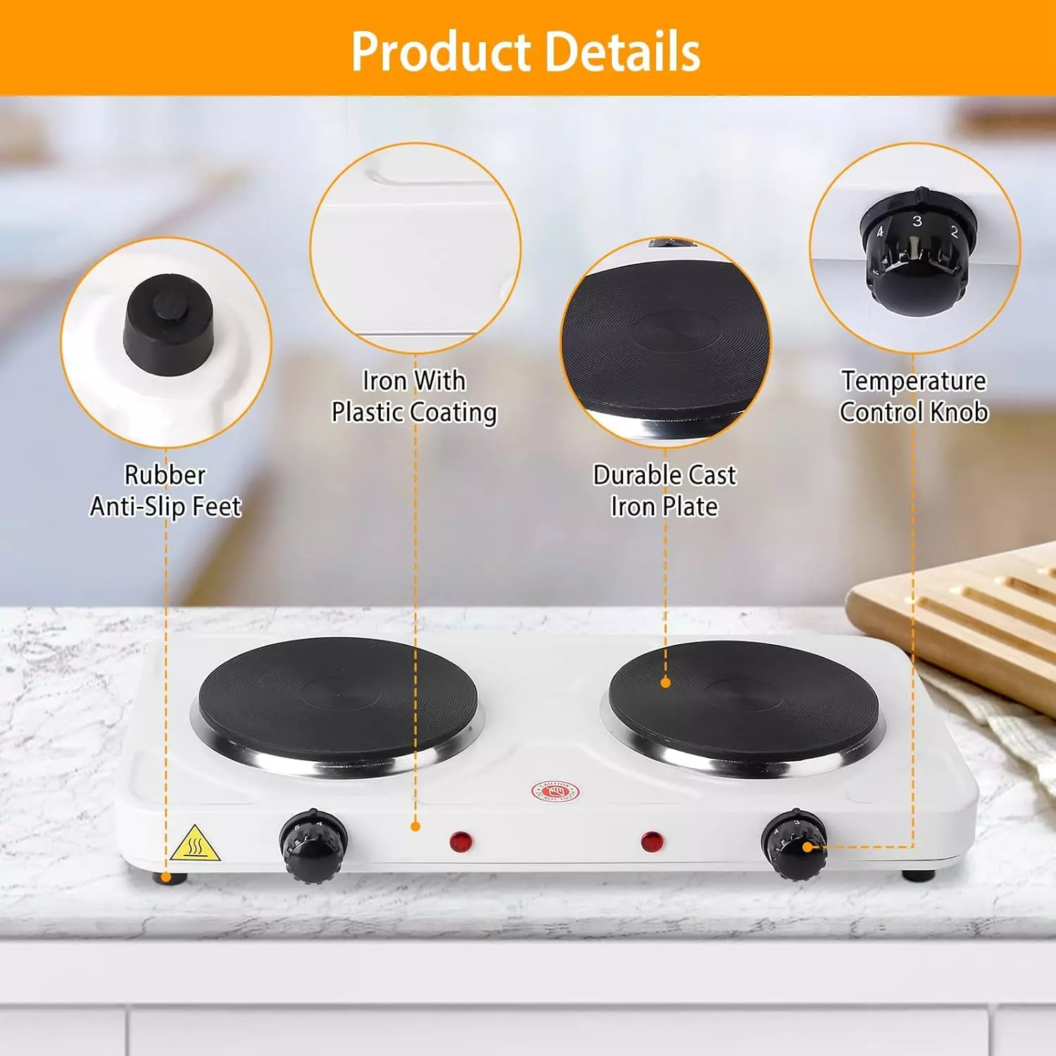 Wallfire 2000W Electric Double Burners Portable Coil Heating Hot Plate Stove with 5 Level Temperature Control Non Slip Rubber Feet for Home Dorm Camping White