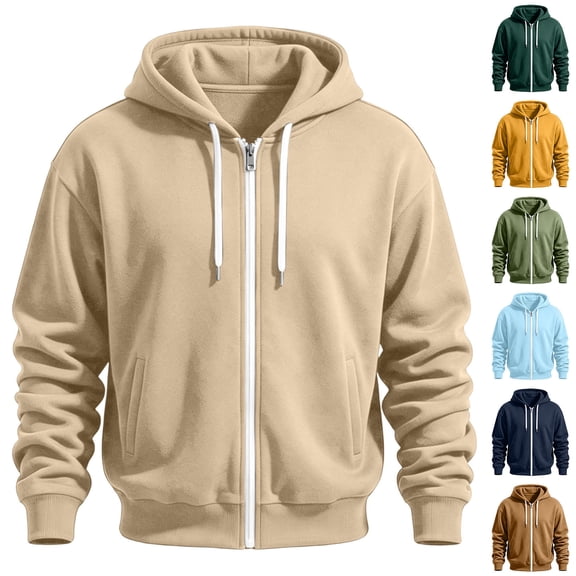 Fleece Full Zip Hoodie Sweatshirt Men's Solid Color Oversized Hoodie Sweatshirts With Kangaroo Pocket Coffee Xxxl