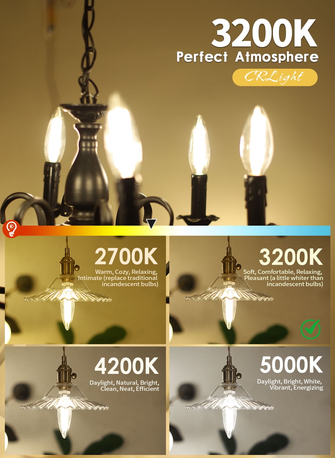 CRLight 10W High Brightness Dimmable LED Candelabra Bulb 3200K Soft White, 90W Equivalent 900LM E12 LED Candle Bulbs, Upgraded Lengthened B11 Clear Torpedo Chandelier Light Bulbs, 4 Pack