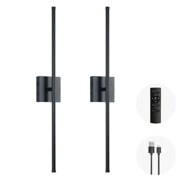 LED Wireless Wall Sconce with Remote Control (Set of Two), USB Rechargeable Battery Powered Indoor Wall Lamps, Dimmable, 360° Rotate,Timing, 28.3 inch Black Wall Lights