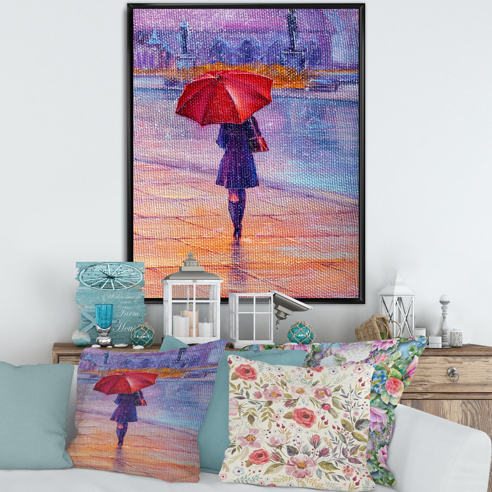 Designart 'Girl Walking With Red Umbrella Under The Rain' French Country Framed Canvas Wall Art Print