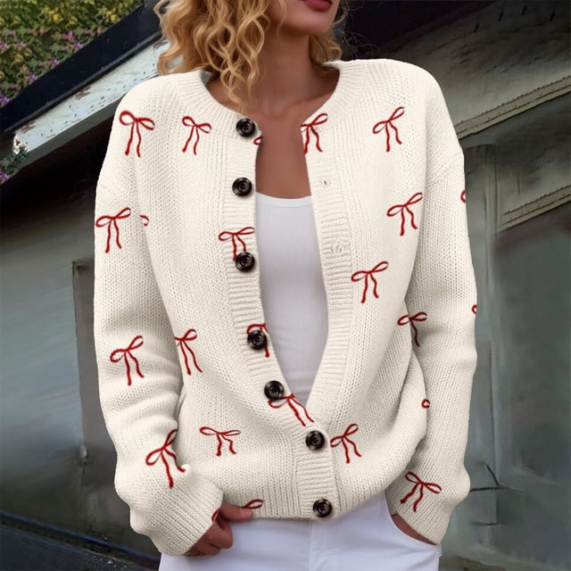Plus Size Women's Christmas Santa & Tree Embroidered Cardigan Long Sleeve Round Neck Button Down Knit Sweater For Holiday Season