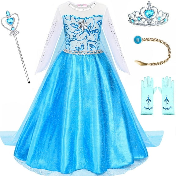 Jolikley Princess Elsa Costume for Girls Princess Dress Up Long Sleeves Costume with Cape Blue