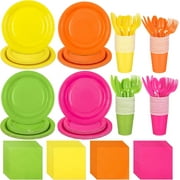 350 Pieces Neon Party Supplies Paper Plates Serve 50 Guests 7 Inch 9 Inch Dinner Plates Napkins Paper Cups Cutlery Bright Color Disposable Glow Party Tableware for Fiesta Neon Birthday