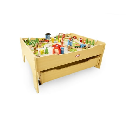 Little Tikes Real Wooden Train Table Set for Kids, Deluxe Over 80Piece Hand Painted Wooden Set with Tracks, Trains & Accessories