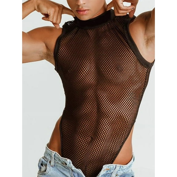 INCERUN Men's Sleeveless Grid Hollow Out See-through One-piece Top Singlet Breathable Bodysuit