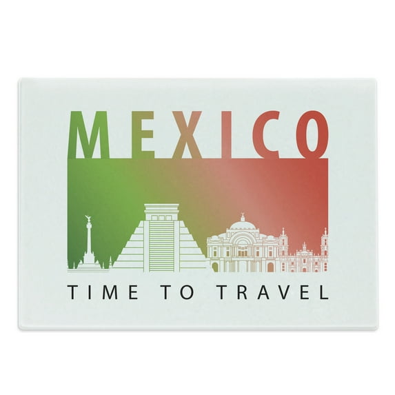 Travel Cutting Board, Time to Travel Mexico Calligraphy and Landmarks on a Plain Backdrop, Decorative Tempered Glass Cutting and Serving Board, in 3 Sizes, by Ambesonne