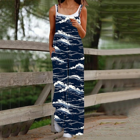LEBONYARD Women's Overalls in Linen Material,Women's Casual Sleeveless Strap Printed Spaghetti High Waist Wide Leg Jumpsuit Rompers with Pocket Navy S